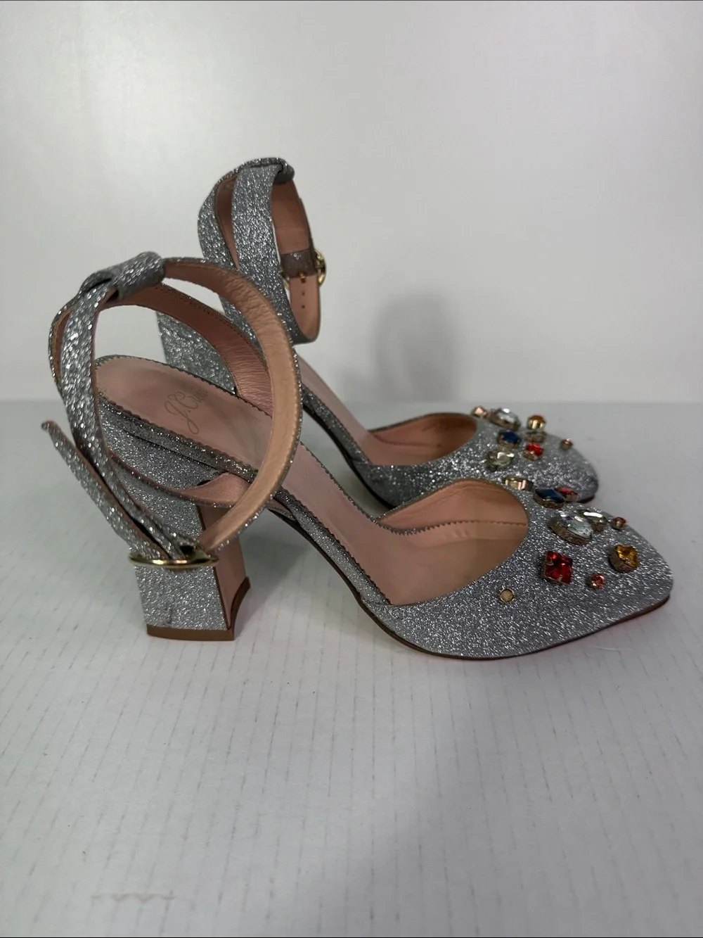 J. Crew Vicky Silver Glitter Jeweled Ankle-Strap Heels size 7.5
